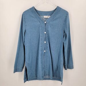 Newport News Jeanology Tunic Top Womens 12 Denim Button Up V Neck Long Sleeve
